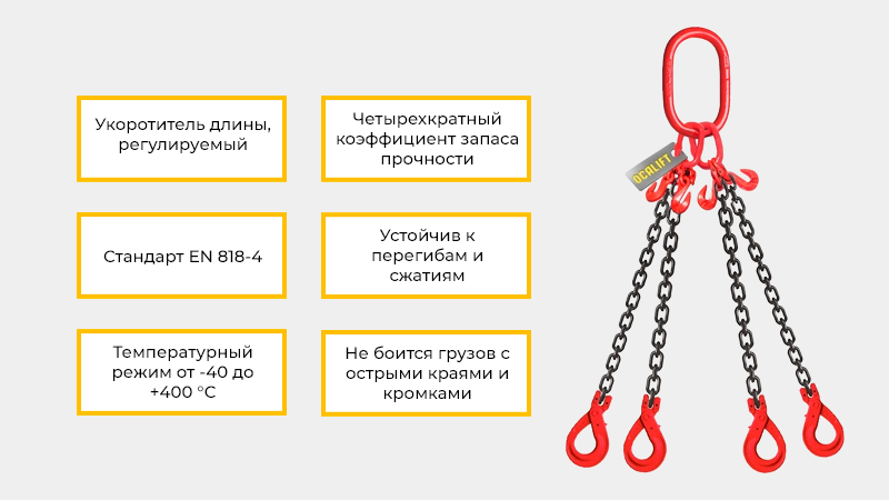 Цепной строп с регулировкой длинны OCALIFT 4СЦ изготавливается по стандарту EN 818-4.